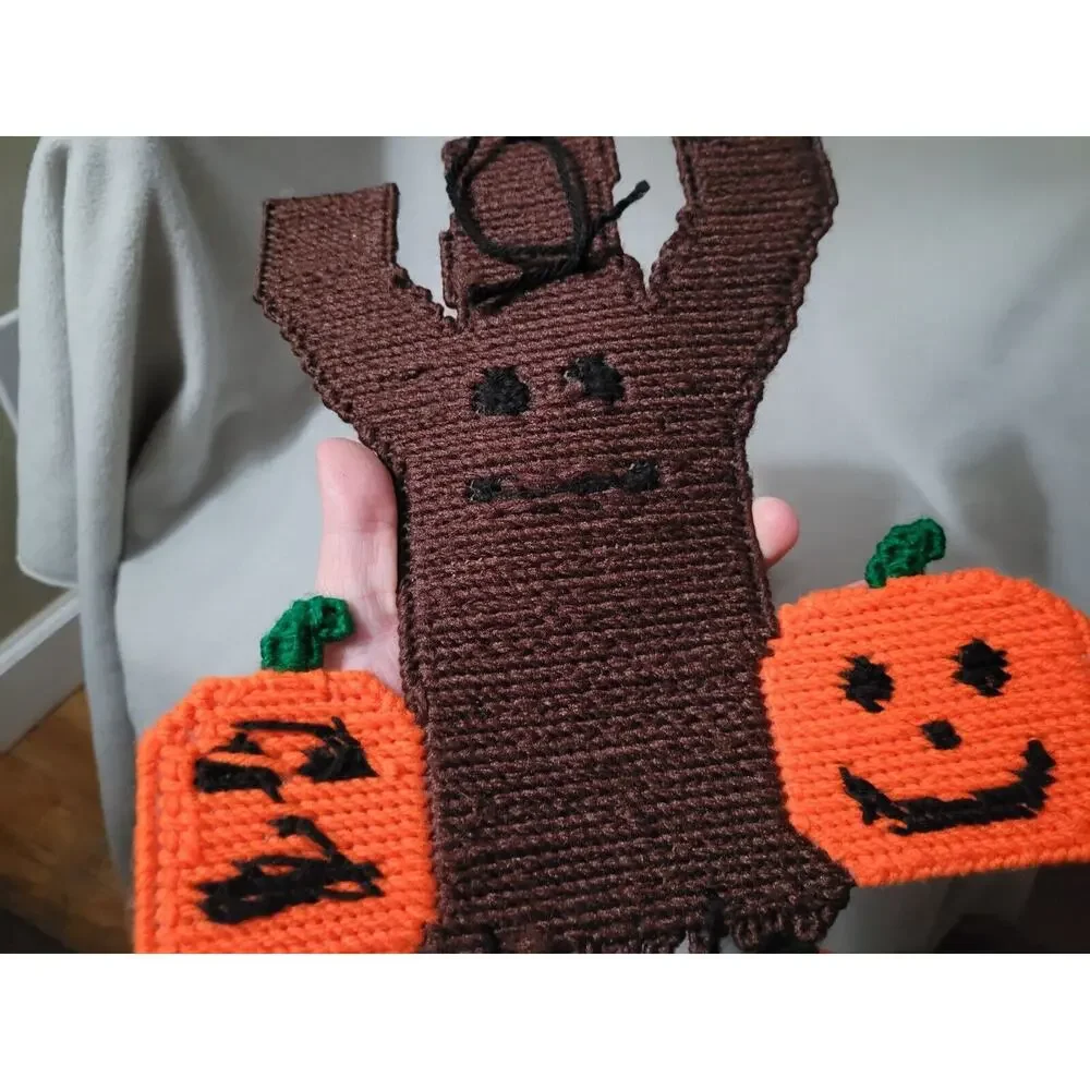 Set 2 Vintage Halloween Needlepoint on Plastic Decoration Pumpkin Ghost Graveyar